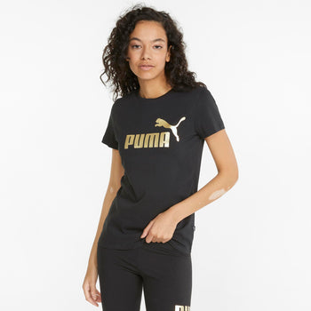 T-shirt nera da donna con logo oro Puma Essentials +, Abbigliamento Sport, SKU a712000227, Immagine 0